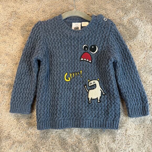 Zara Kids Baby Knitwear Blue Sweater 18-24 Months Toddler Boy Monster Applique - Picture 1 of 9